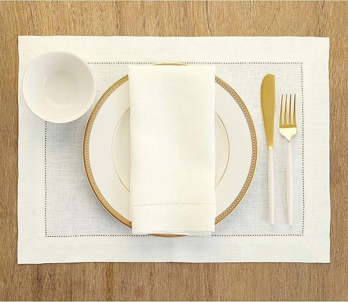 Solino Home Linen Placemats Set of 4 - Classic Hemstitch Ivory Placemats 14 x 19 Inch - 100% Pure Linen Table Mats for Holiday, New Year