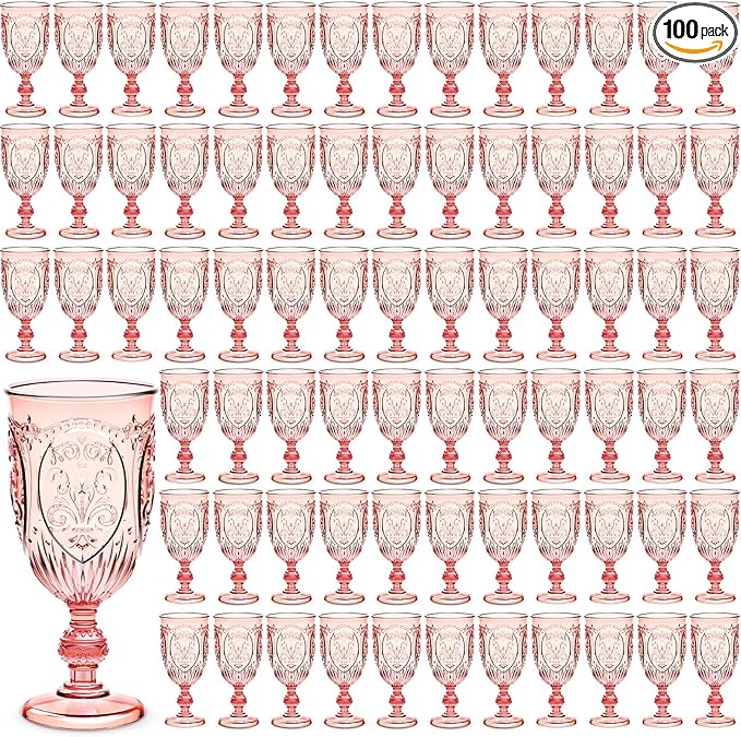 100 Pcs Plastic Goblets 7.5oz Vintage Goblet Plastic Wine Glasses Colored Retro Embossed Water Goblets for Wine Bar Juice Baby Shower Wedding Reception Grand Event Party (Pink)