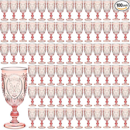 100 Pcs Plastic Goblets 7.5oz Vintage Goblet Plastic Wine Glasses Colored Retro Embossed Water Goblets for Wine Bar Juice Baby Shower Wedding Reception Grand Event Party (Pink)