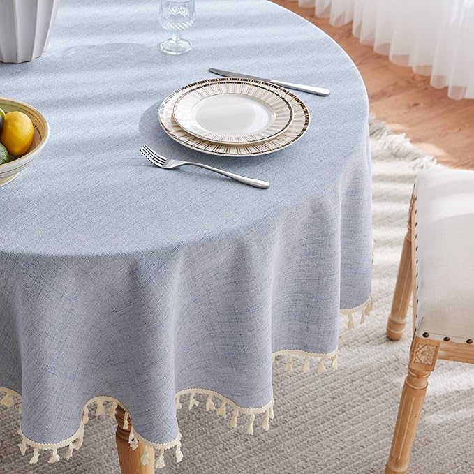 Linen Tablecloth with Tassels, Farmhouse Style Blue Tablecloth, Water Resistant Burlap Tablecloths for Round Table, 52 Inch Round Blue