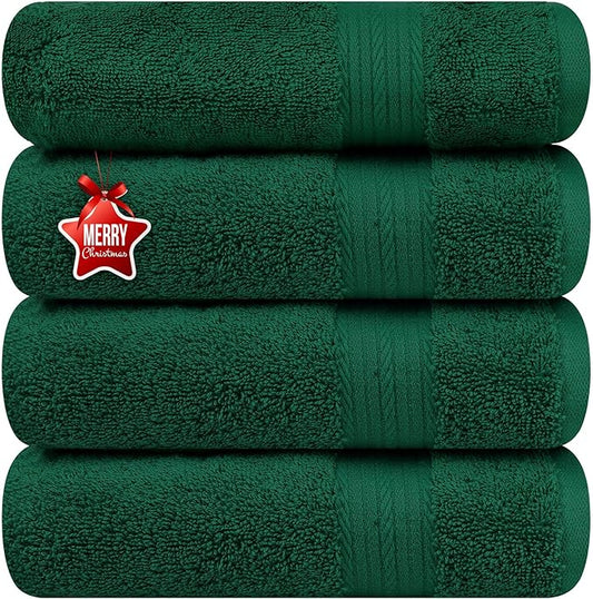 Ample Decor Hand Towels Set of 4 600 GSM 100% Cotton Soft Absorbent Thick Premium Quality, for Hotel, Bathroom, Spa, Daily Use, Gym - Christmas Green - 18 X 28 Inch