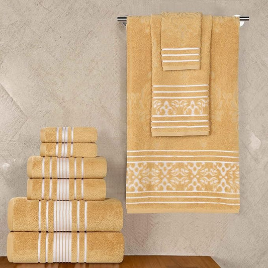 Superior Cotton 9 Piece Assorted Floral Towel Set, Includes 3 Bath, 3 Hand, 3 Washcloth/Face Towels, Quick Dry, Home Essentials, Shower, Spa, Luxury Plush Soft Absorbent Towels, Zero Twist, Gold