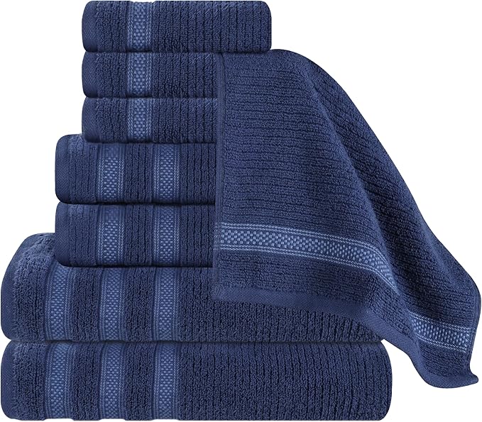 Superior Cotton 8-Piece Towel Set, Zero Twist, Ribbed Geometric, Bathroom Essentials, Shower, Spa, Luxury Plush Soft Absorbent Towels, Includes 2 Bath, 2 Hand, 4 Washcloth/Face Towels, Navy Blue