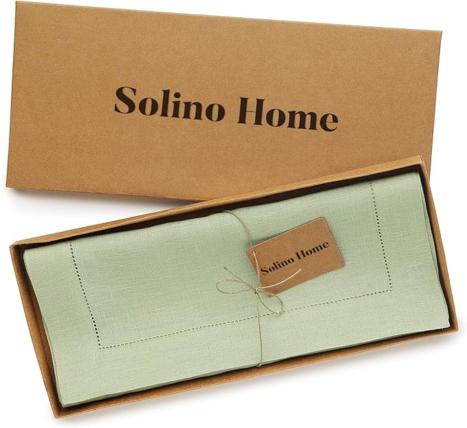 Solino Home Linen Sage Green Table Runner 144 Inches Long - 100% Pure Linen Extra Long Table Runner 14 x 144 Inch for New Year - Classic Hemstitch