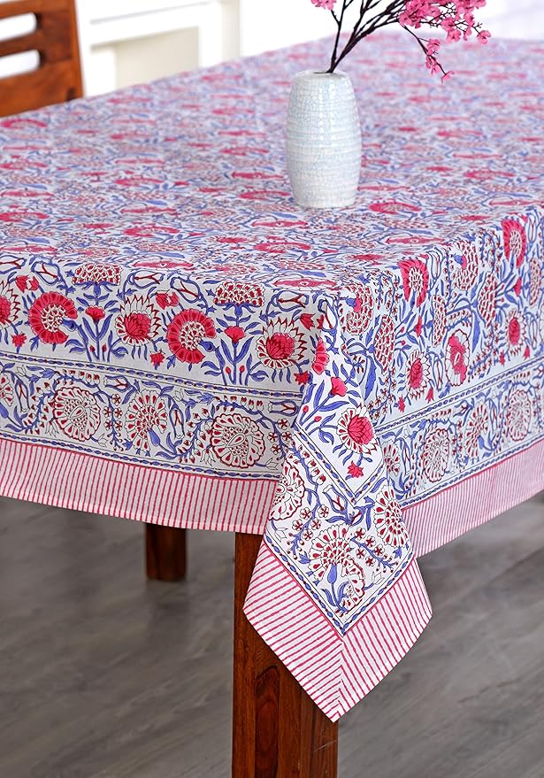 Ridhi Pigeon Blue Flamingo Pink Hand Block Print Cotton Rectangle Tablecloth 160" x 72" inches Reusable Table Cover Decorative Everyday Use for Dining, Farmhouse, Home, Party, Festive, Wedding, Fall