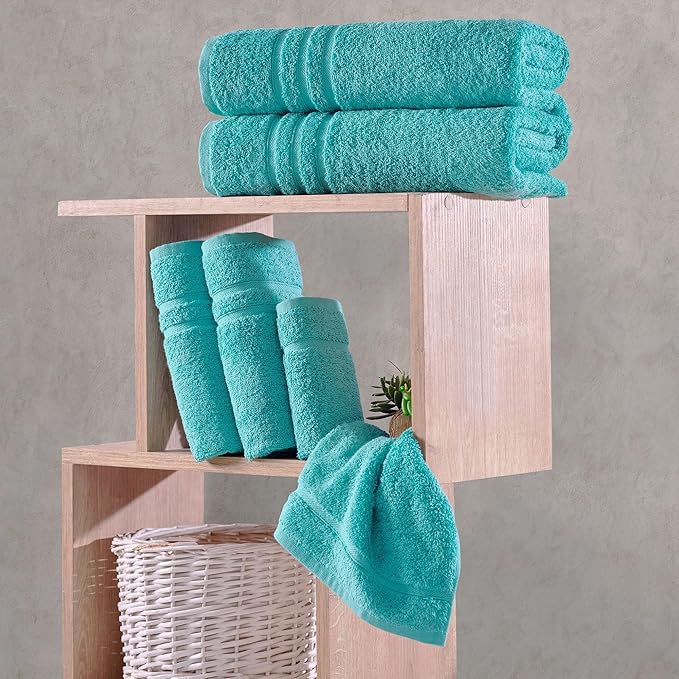 Hawmam Linen Teal Turquoise 6 Piece Bath Towels Set for Bathroom Original Turkish Cotton Soft, Absorbent and Premium 2 Bath Towels, 2 Hand Towels, 2 Washcloths