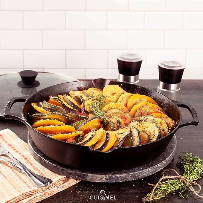 Cast Iron Skillet with Glass Lid - 12"-Inch Dual Handle Frying Pan + Pan Scraper + Silicone Handle Holder Covers - Preseasoned Oven Safe Cookware - Indoor/Outdoor Use - Grill, Stovetop, Induction Safe