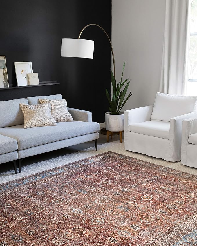 Loloi Layla Collection LAY-01 Brick/Blue 5'-0" x 7'-6" .13" Thick Area Rug, Soft, Durable, Vintage Inspired, Distressed, Low Pile, Non-Shedding, Easy Clean, Printed, Living Room Rug