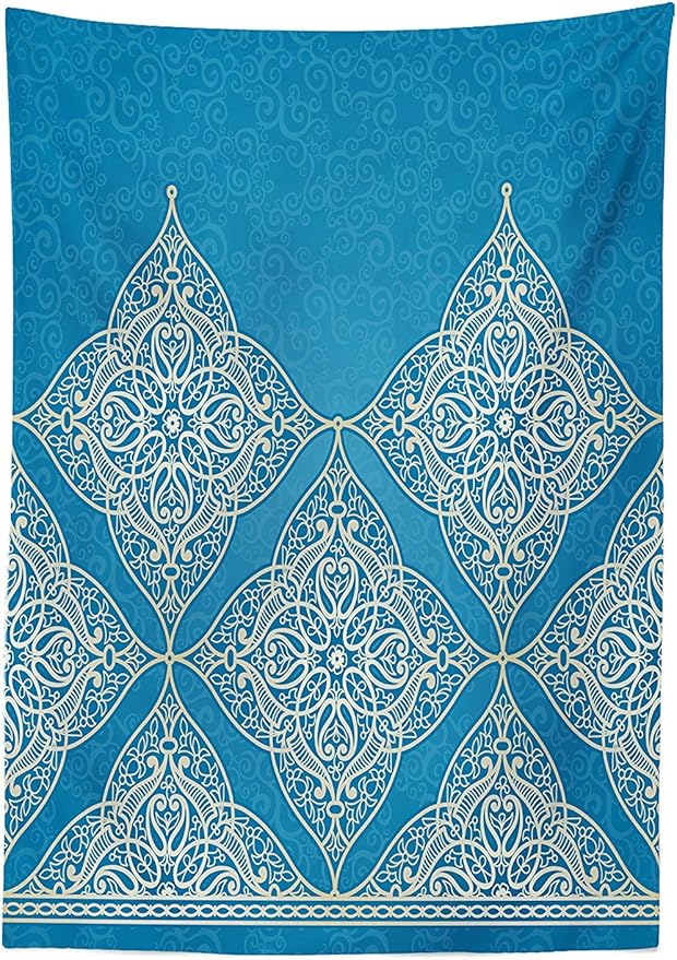 Ambesonne Moroccan Tablecloth, Eastern Old Fashion Damask Moroccan Heraldic Traditional Oriental Art Illustration Print, Rectangular Table Cover for Dining Room Kitchen Decor, 60" X 90", Blue