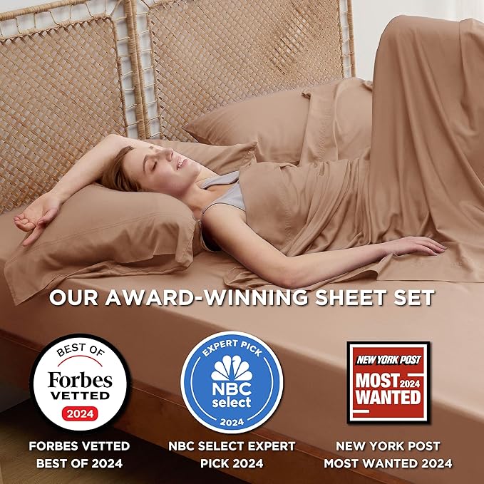 Bedsure California King Sheet Sets, Cooling Sheets for Hot Sleepers, Rayon Derived from Bamboo, Breathable & Soft, Deep Pocket Up to 16", Hotel Luxury Silky Bedding for Hot Sleepers, Khaki