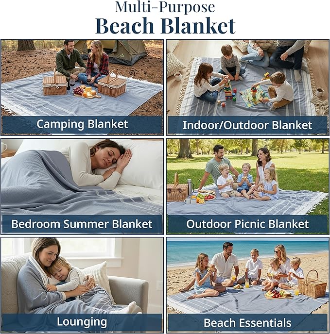 LANE LINEN Camping Blanket - Large Beach Towel, Beach Accessories with Oversized Comfort (82"x82"), Sandproof, Perfect for Seaside Adventures, Park Gatherings, or Family Beach Days – Navy Blazer