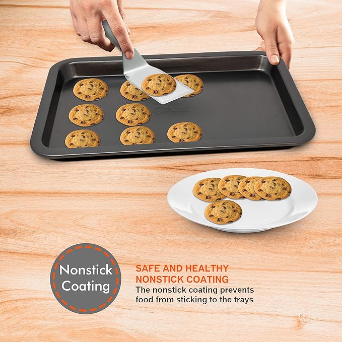 Perlli Baking Pan 10 Piece Set Nonstick Carbon Steel Gray Oven Bakeware Kitchen Set, 2 Cookie Sheets, 2 Round Cake Pans, Square Pan, Roasting Pan, Loaf Pan, Crisp Pan, Pizza Crisper, & Muffin Pan