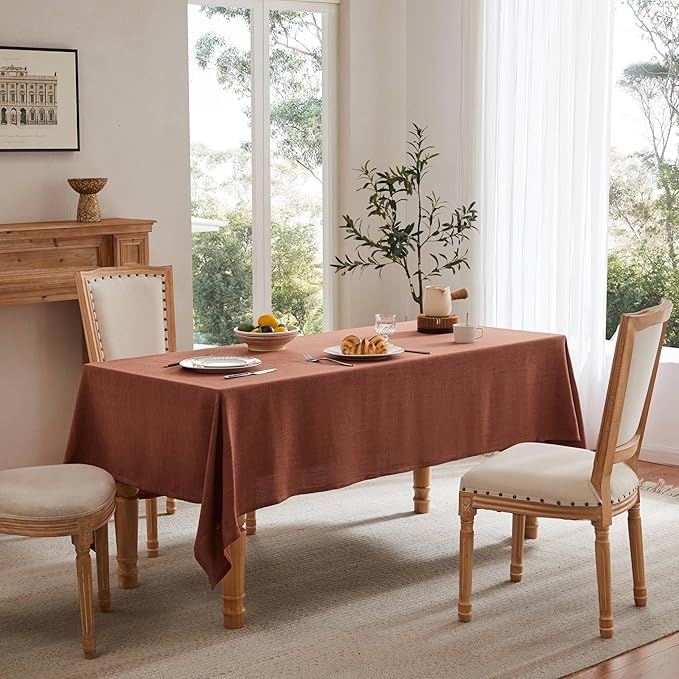 Linen Tablecloth for Rectangle Table, 60x84 Inch Terracota, Farmhouse Style Rust Tablecloth, Water Resistant Burlap Tablecloths for Dining Table Farmhouse Kitchen