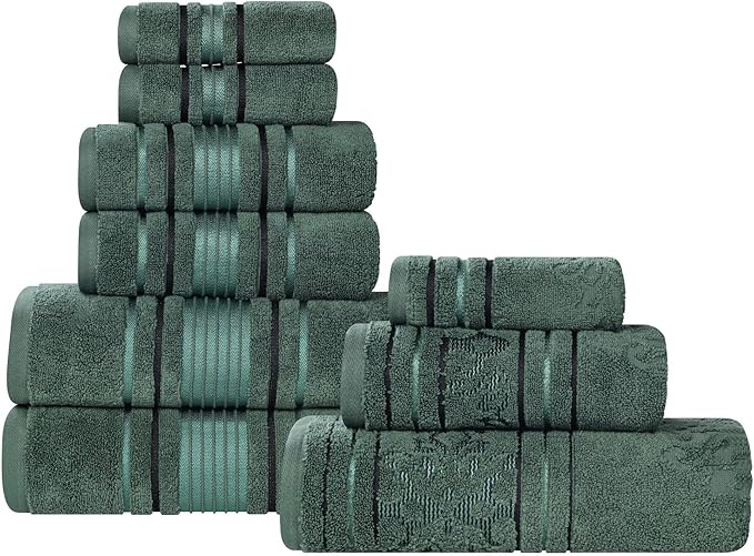 Superior Cotton 9 Piece Assorted Floral Towel Set, 3 Bath, 3 Hand, 3 Washcloth/Face Towels, Quick Dry, Home Essentials, Shower, Spa, Luxury Plush Soft Absorbent Towels, Zero Twist, Forest Green