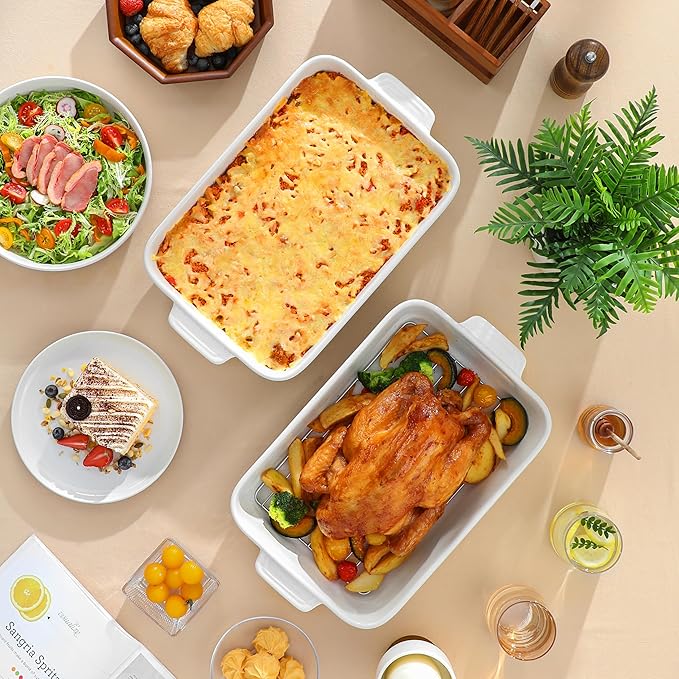 MALACASA Baking Dish with Rack, 4.8 Qt Ceramic Roasting Pan with Stainless Steel Drip Rack, 9x13 Inch Deep Casserole Dish with Handles, Oven Safe Lasagna Pan for Baking & Serving (Khaki & White) - Series Tara