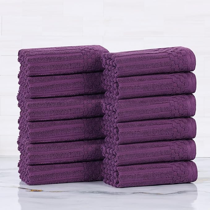 Superior Cotton Face Towel/Washcloth Set of 12, Daily Use for Bathroom, Guest Bath, Quick Dry Small Towels, Face, Hand, Gym, Spa, Hotel, Absorbent, Essentials, Ribbed, Soho Collection, Plum