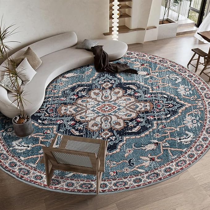 Easy-Going Round Rug 5ft Area Rug Medallion Distressed Washable Circle Rugs for Living Room Non-Slip Bedroom Rug Low Pile Lightweight Vintage Retro Throw Rug for Dining Room Kitchen Office, Teal Brick