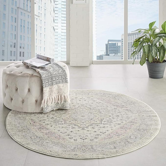 Nourison Home Tranquil Ivory/Pink 5'3" x Area Rug, Distressed, Bed, Living, Dining Room, Kitchen, Easy Cleaning, Non Shedding, (5' Round)
