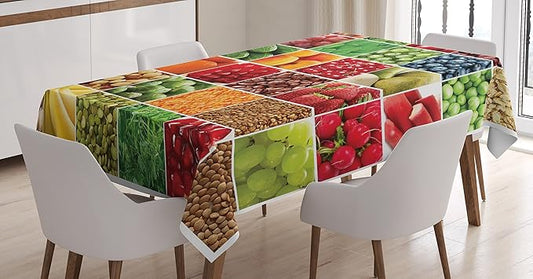 Ambesonne Colorful Tablecloth, Squares of Fruits and Vegetables Eating Ingredients Agriculture Food Art Print, Rectangular Table Cover for Dining Room Kitchen Decor, 60" X 90", Multicolor