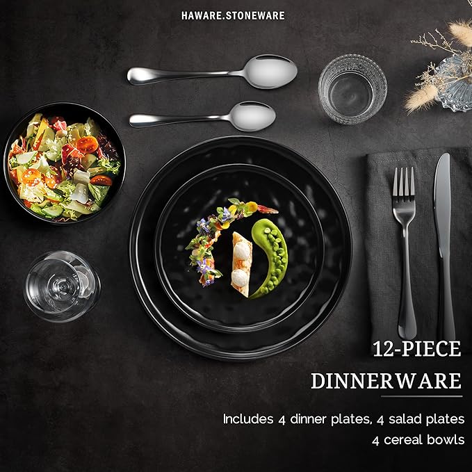 HaWare Dinnerware Sets, 12-Piece Plates and Bowls Set, Stoneware Dish Set for 4, Ceramic Dinnerware for Home Restaurant, Chip and Scratch Resistant, Microwave and Dishwasher Safe, Matte Black
