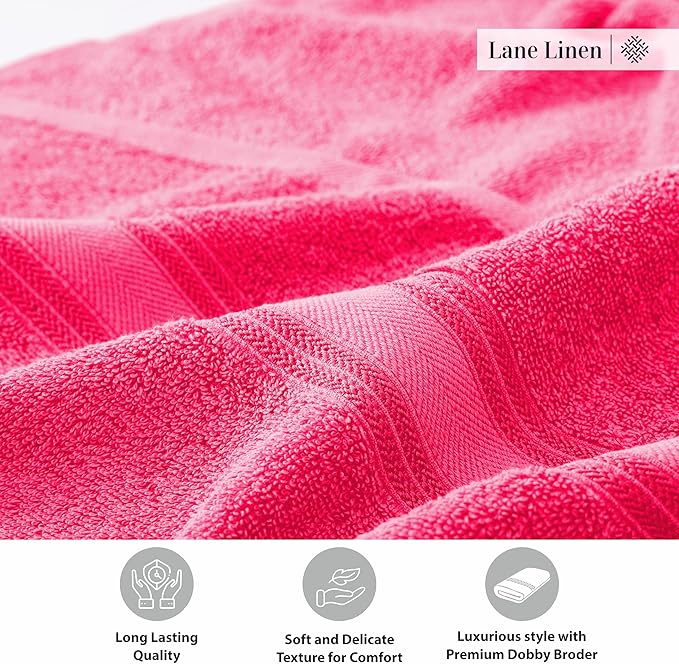 LANE LINEN 100% Cotton Large Bath Towels Set of 4 (28"x54") - Zero Twist, Mercerized Cotton Bathroom Towel 4 Pack - Quick Dry, Soft & Absorbent Large Towels Set - Dorm Essentials for Girls - Fuchsia