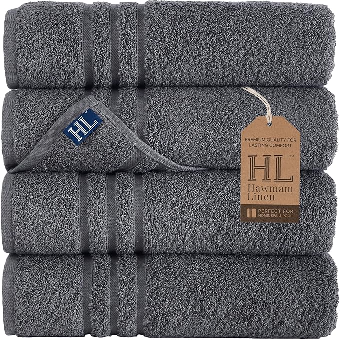 Hawmam Linen Grey Bath Towels Set of 4, Cotton Towel Soft Absorbent Quick Dry Towels for Bathroom 27x54 Inch