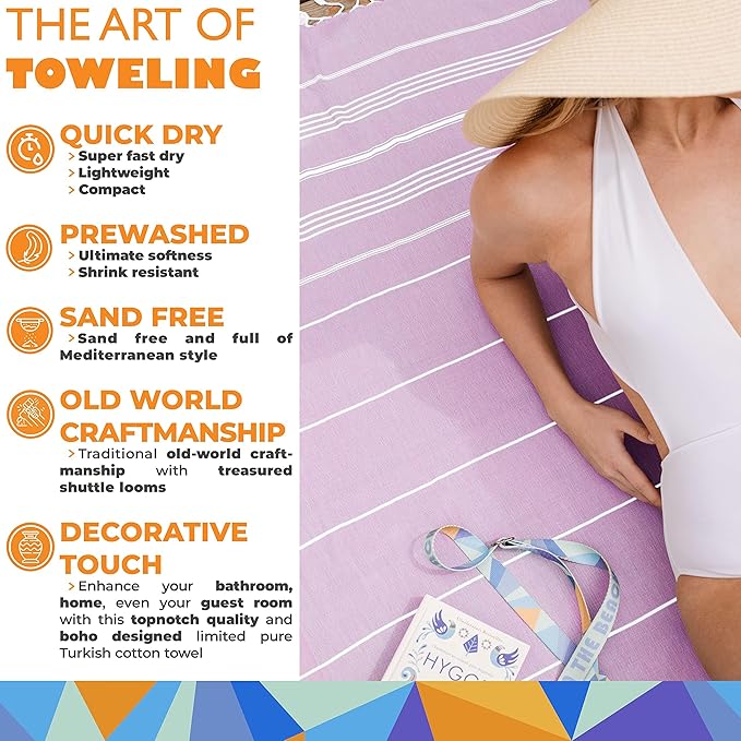 Madamelique Turkish Beach Towel Oversized - 39 x 74 - Quick Dry - Sand Free - Extra Large - Prewashed Beach Towels - Summer Gift - Beach Essentials - Travel Towel (Mediterranean Without Bag, Lilac)