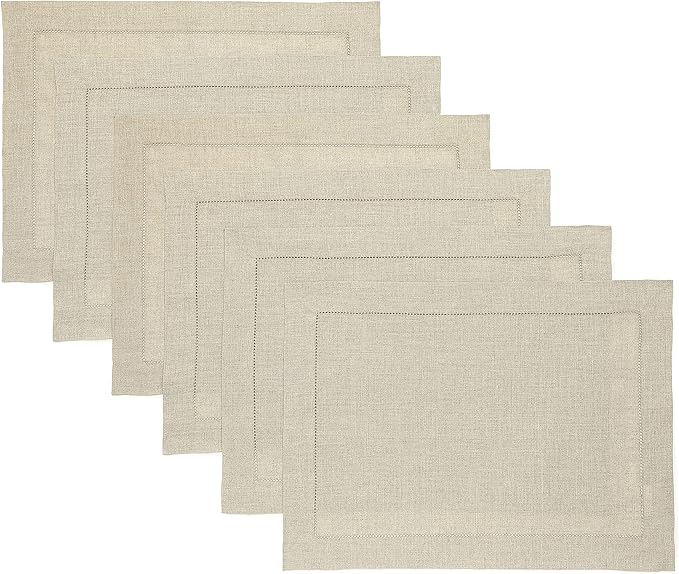 Solino Home Linen Placemats Set of 6 - Classic Hemstitch Natural Placemats 14 x 19 Inch - 100% Pure Linen Table Mats for Holiday, New Year