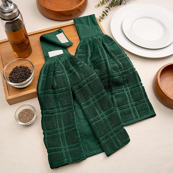 Blue Needles Hanging Kitchen Towels - Forest Green 100% Cotton Solid Kitchen Tie Towel, Set of 2 Hand Dish Cloth with Hanging Loops 9 x 17 Inches, Absorbent, Super Soft, and Fast Drying Home Essential