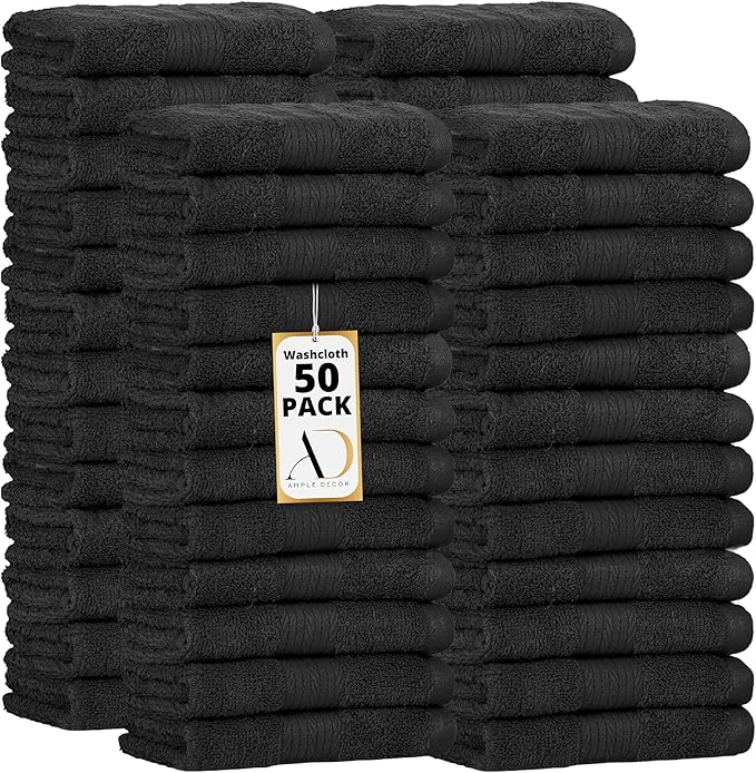 Ample Decor Wash Cloths Pack of 50 12 X 12 Inch 100% Cotton 600 GSM, Soft Absorbent,Machine Washable Face Towels, Oeko Tex Certified Reusable Fingertip Towels for Bathroom, Hotel, Gym, Spa - Black