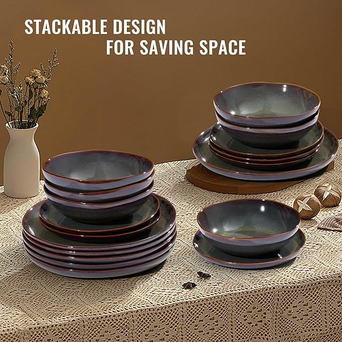 Herogo Stoneware Dinnerware Sets for 8, 24 Piece Plates and Bowls Dish Set, Irregular Handmade Dinner Ware Dishware for Kitchen Dinning, Microwave & Dishwasher Safe, Lichen Green