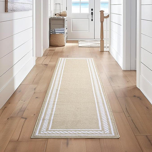 Nautica – Runner Rug | Indoor Runners for Hallways and Entry Rugs| Non-Slip and Non-Skid Entry and Kitchen Door Mat| Machine Washable Entryway Carpet Rugs | 2'2" x 8'| Rope Border Beige