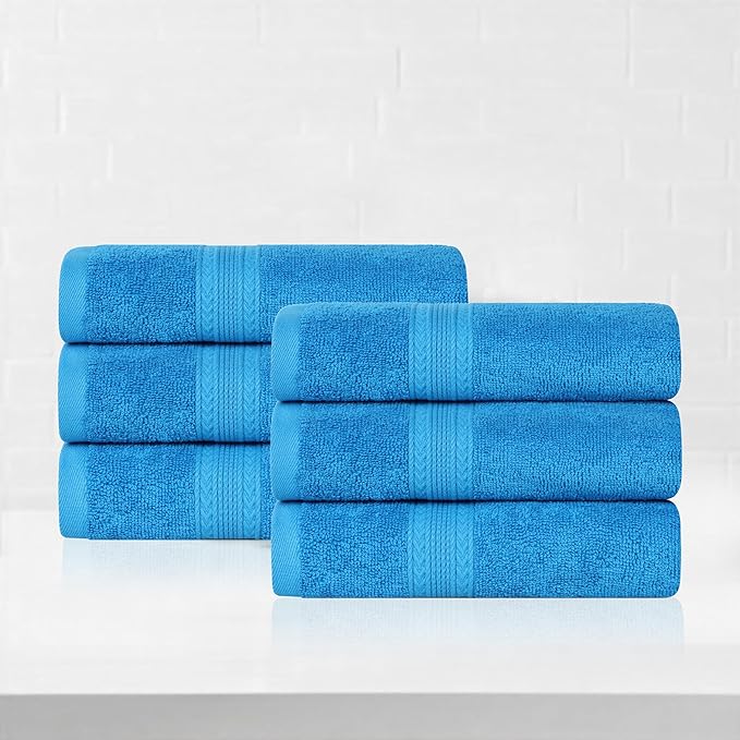 Superior Eco-Friendly Cotton 6-Piece Hand Towel Set, Small Towels for Spa, Resort, Hotel, Guest Bath, Kitchen, Quick Dry, Soft, Bathroom Accessories, Home and Apartment Essentials, Aster Blue