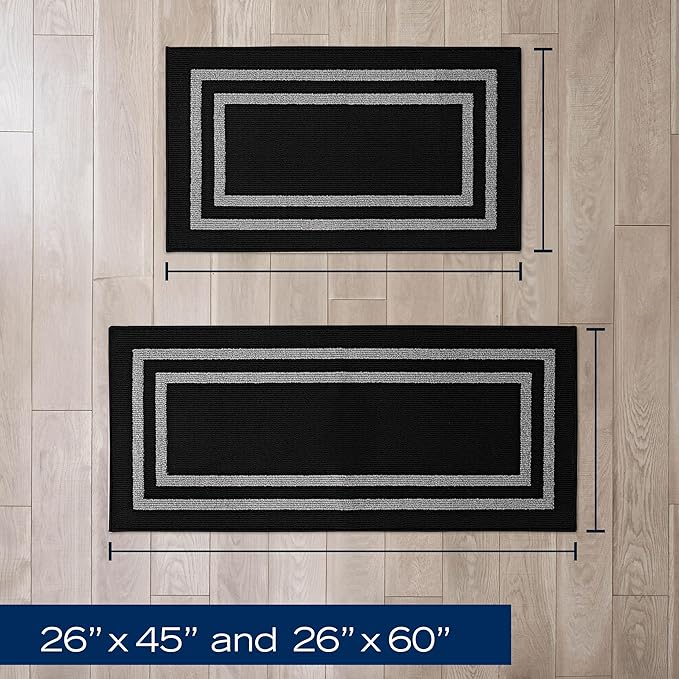 Nautica – Runner Rug 2 Piece Set | Indoor Runners for Hallways and Entry Rugs| Non-Skid Entry and Kitchen Door Mat| Machine Washable Carpet Rugs | 2'2" x 3'9" and 2'2" x 5' | Double Border Black
