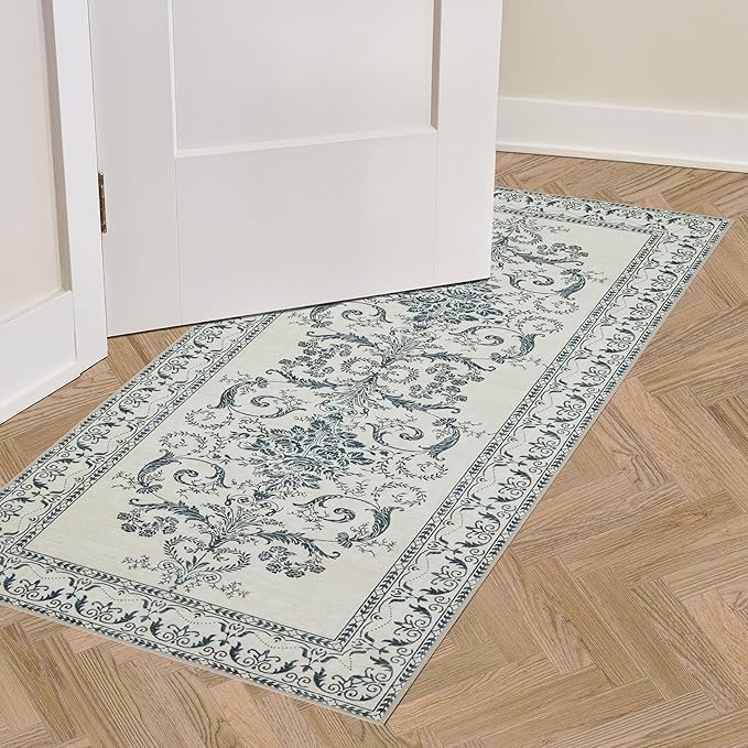 Laura Ashley Sea Spray Blue Josette Medallion Machine Washable & Slip Resistant 2 Piece Set - 26" x 45" Accent Rug & 26" x60" Runner Rug