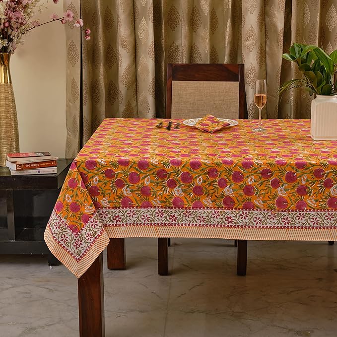 Ridhi Bubblegum Pink Hand Block Print Cotton Rectangle Tablecloth 140" x 72" inches Reusable Table Cover Decorative Everyday Use for Dining, Farmhouse, Home, Party, Festive, Wedding, Fall