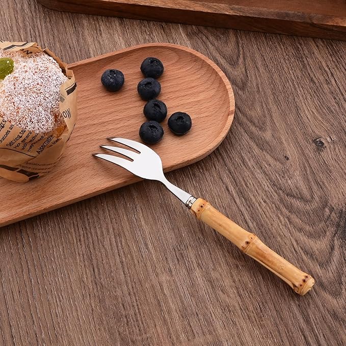 8-Piece Natural Bamboo Small Dessert Forks, 6.3 Inches Stainless Steel with Bamboo Handle, Cake Forks