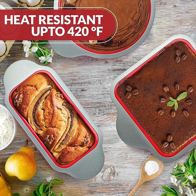 Boxiki Kitchen Silicone Baking Pans Set. 3 PCS Professional Non-Stick Baking Cake Pans Set includes Silicone Round Cake Pan, Square Cake Pan and Bread Loaf Pan.