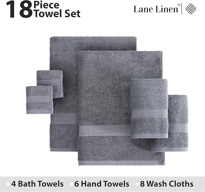 LANE LINEN 100% Cotton Bath Towel Set - Sustainably Produced, 18PCs Towels for Bathroom - 6 Hand, 8 Washcloths, 4 Shower Towels - Machine Washable, Quick Drying, Highly Absorbent - Cool Grey