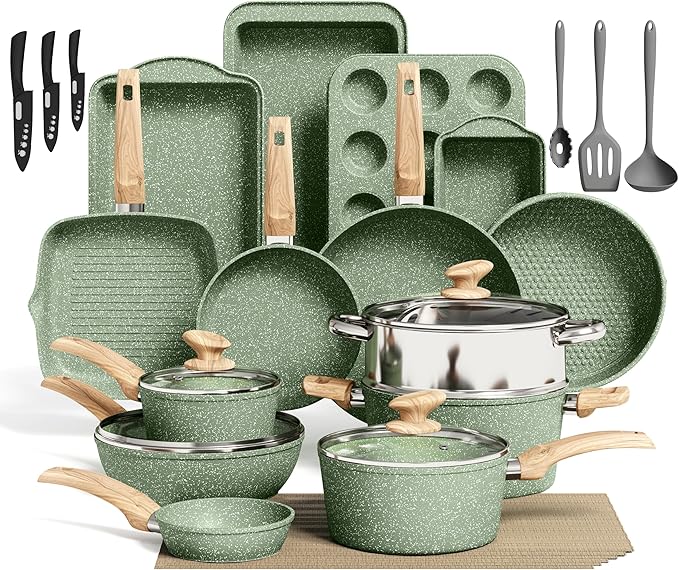 Kitchen Academy Pots and Pans Set Nonstick, 30 Pieces Induction Kitchen Cookware and Bakeware Sets, Green Granite Coating Cooking Pans Set