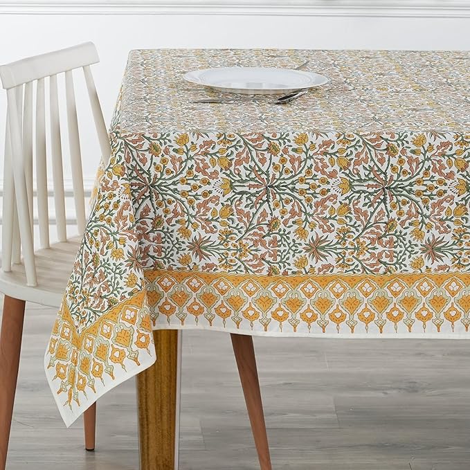 Ridhi Goldenrod Yellow Hand Block Print Cotton Rectangle Tablecloth 160" x 72" inches Reusable Table Cover Decorative Everyday Use for Dining, Farmhouse, Home, Party, Festive, Wedding, Fall