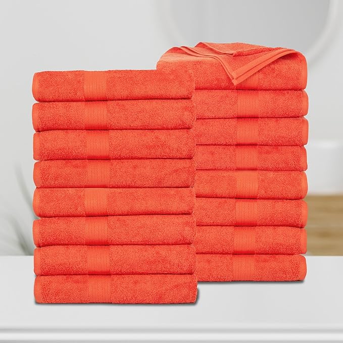Ample Decor Bath Towels Pack of 16 600 GSM 100% Cotton, Absorbent Soft Premium Quality Machine Washable, Oeko Tex Certified, for Bathroom, Hotel, Spa, Gym, Kitchen - Orange - 30 X 54 Inch