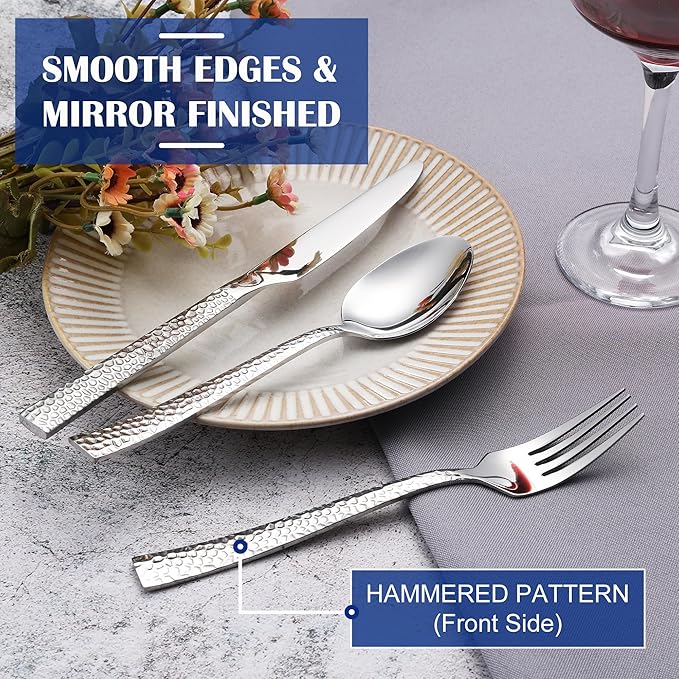 E-far 36-Piece Hammered Forks Spoons and Knives Set, Silverware Set for 12, Stainless Steel Square Flatware Set for Home Kitchen Restaurant, Mirror Polished & Dishwasher Safe