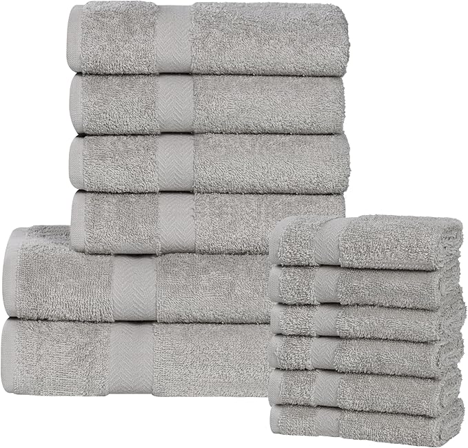 Superior 12-Piece Cotton Assorted Towel Set, Includes 6 Face/Washcloths, 4 Hand, and 2 Bath Towels, Lightweight Essentials, for Home, Gym, Beach, Bathroom, Quick Drying, Franklin Collection, Silver