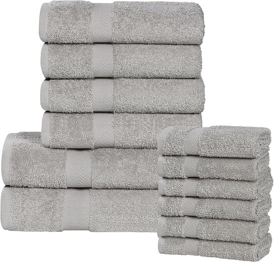 Superior 12-Piece Cotton Assorted Towel Set, Includes 6 Face/Washcloths, 4 Hand, and 2 Bath Towels, Lightweight Essentials, for Home, Gym, Beach, Bathroom, Quick Drying, Franklin Collection, Silver