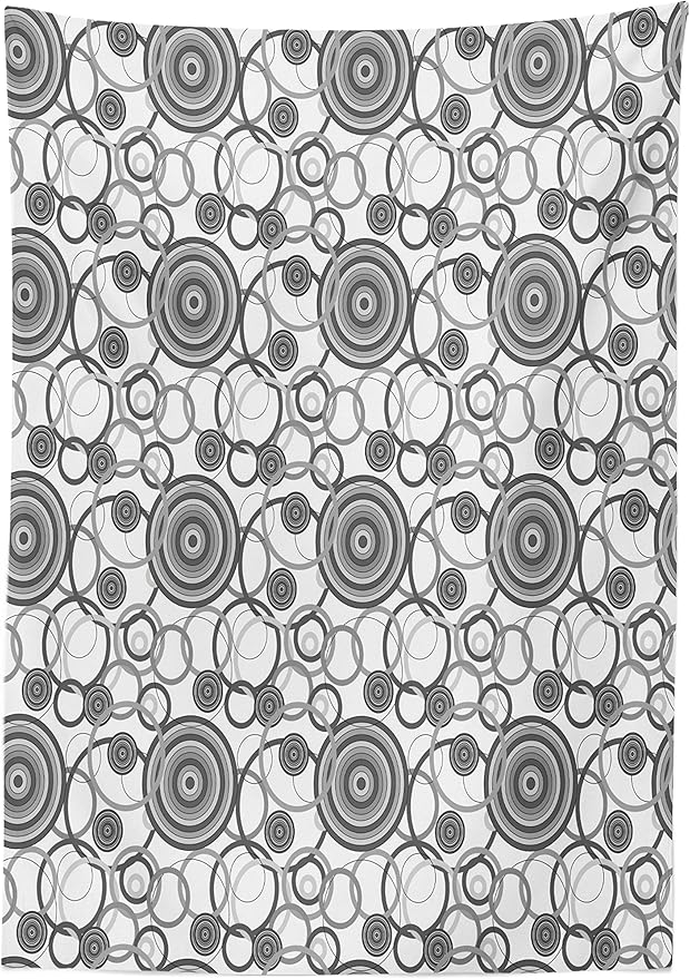 Ambesonne Grey Tablecloth, Swirling Circles in The Retro Style Simple Modern Patterns Graphic Grayscale Themed Art Print, Rectangular Table Cover for Dining Room Kitchen Decor, 52" X 70", White Grey