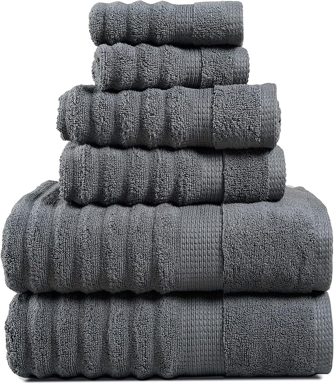 LANE LINEN Bathroom Towels Set - 2 Bath, 2 Hand Towels for Bathroom and 2 Wash Cloths for Body - Highly Absorbent, Soft, Premium 100% Cotton Bath Towel Set for Everyday Use (Set of 6) - Space Grey