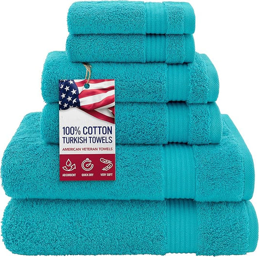 American Veteran Towel, 100% Cotton Turkish 6 Piece Towel Set Luxury Towels Set of 6 for Bathroom Essentials 2 Bath Towels 2 Hand Towels 2 Washcloths, Aqua Blue