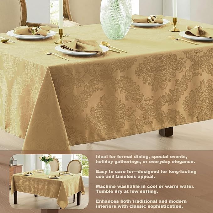 Newbridge Christmas Barcelona Damask Fabric Tablecloth, 60 x 120 Inch Rectangle, Gold – No Iron, Soil Resistant Table Cover for Dining, Parties and Holidays