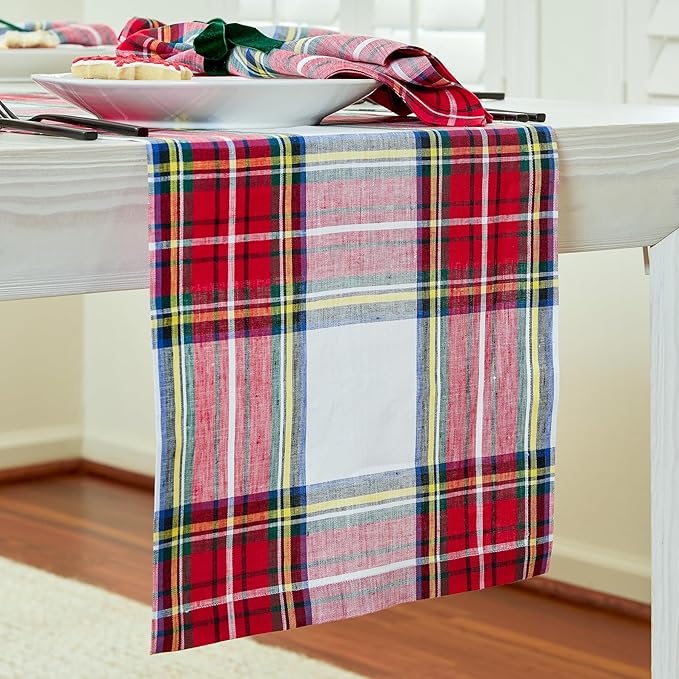 Solino Home Linen Stewart Plaid Table Runner 90 Inches Long - 100% Pure Linen White Tartan Plaid Table Runner 14 x 90 Inch for Dining, Holiday, New Year